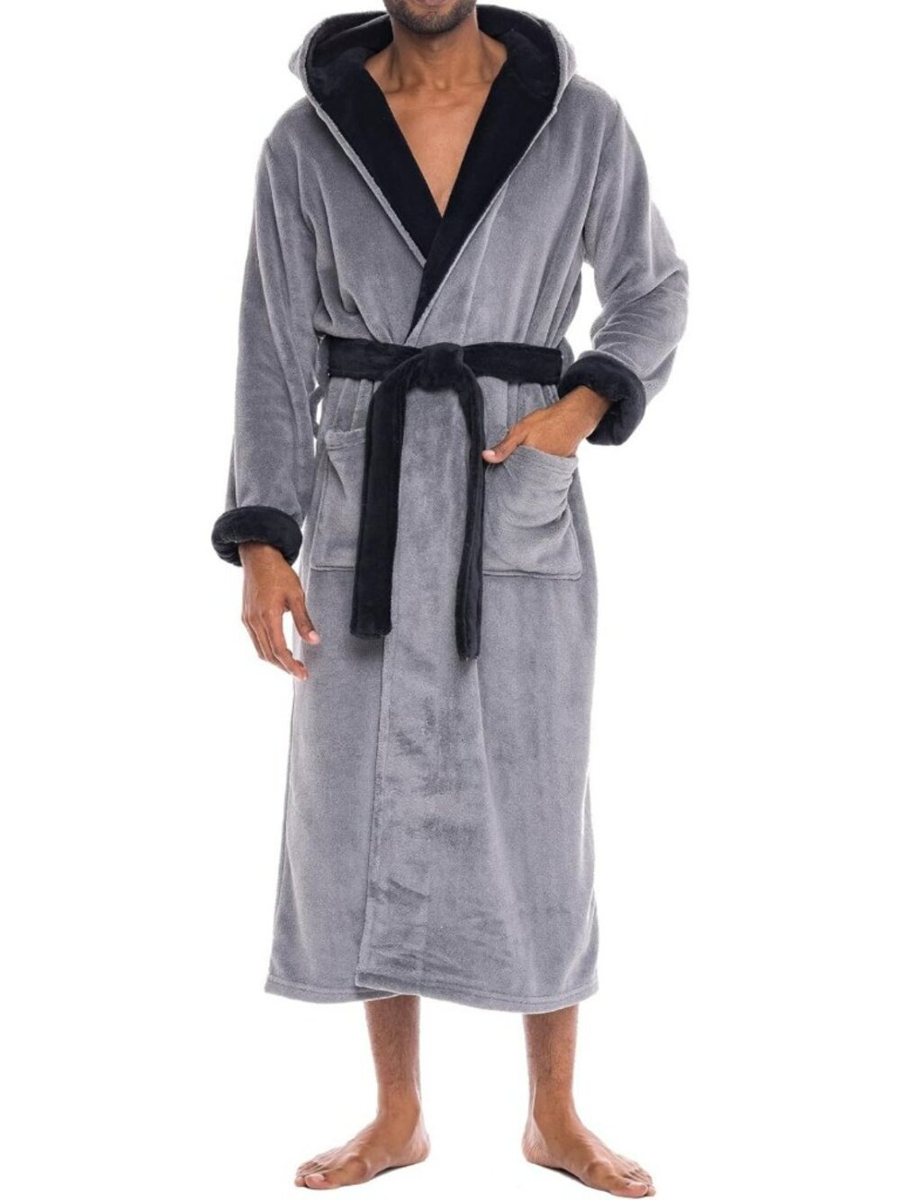 Cozy Men's Hooded Fleece Robe with Pockets | Long Plush Bathrobe for Comfort